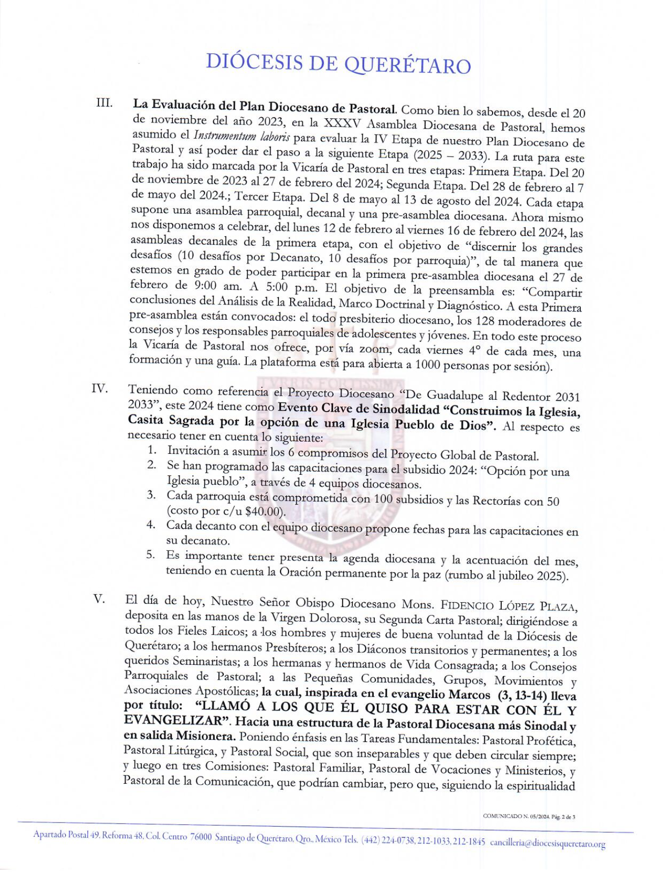 Cominicado N. 05/2024 Asunto: Siete acontecimientos eclesiales más significativos en nuestro caminar pastoral 2024 2